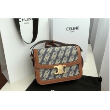 Celine MEDIUM TRIOMPHE BAG IN NAVY/TAN CHAÎNE TRIOMPHE JACQUARD AND NATURAL CALFSKIN