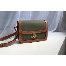 Celine Medium Triomphe Bag in Green Textile and Brown Calfskin
