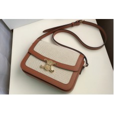 Celine Medium Triomphe bag in Textile and Natural Calfskin Tan/White
