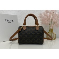 Celine SMALL BOSTON IN TRIOMPHE CANVAS AND Tan CALFSKIN Celine SMALL BOSTON IN TRIOMPHE CANVAS AND Tan CALFSKIN