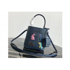 Prada Small Prada Panier bag with appliqués in Blue Saffiano leather Prada Small Prada Panier bag with appliqués in Blue Saffiano leather