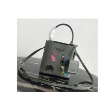 Prada Small Prada Panier bag with appliqués in Gray Saffiano leather Prada Small Prada Panier bag with appliqués in Gray Saffiano leather