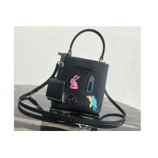 Prada Small Prada Panier bag with appliqués in Black Saffiano leather Prada Small Prada Panier bag with appliqués in Black Saffiano leather