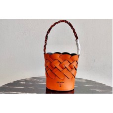 Prada Leather Prada Tress Bucket Bag in Papaya/Black Woven Leather Prada Leather Prada Tress Bucket Bag in Papaya/Black Woven Leather