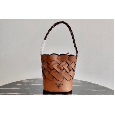 Prada Leather Prada Tress Bucket Bag in Cognac/Black Woven Leather Prada Leather Prada Tress Bucket Bag in Cognac/Black Woven Leather
