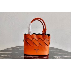Prada Leather Prada Tress Tote Bag in Papaya/Black Woven Leather Prada Leather Prada Tress Tote Bag in Papaya/Black Woven Leather