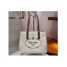 Prada Small linen blend and leather tote bag in White Linen blend and calf leather Prada Small linen blend and leather tote bag in White Linen blend and calf leather