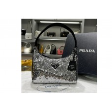 Prada Re-Edition 2000 sequined Re-Nylon mini-bag in Silver Fabric Prada Re-Edition 2000 sequined Re-Nylon mini-bag in Silver Fabric