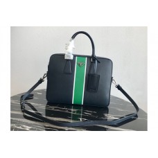 Prada Saffiano Leather Briefcase Bag in Black Saffiano leather With Green Web Prada Saffiano Leather Briefcase Bag in Black Saffiano leather With Green Web