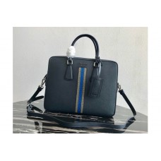 Prada Saffiano Leather Briefcase Bag in Navy Blue Saffiano leather With Gray/Blue Web Prada Saffiano Leather Briefcase Bag in Navy Blue Saffiano leather With Gray/Blue Web