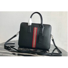Prada Saffiano Leather Briefcase Bag in Black Saffiano leather With Red/Gray Web Prada Saffiano Leather Briefcase Bag in Black Saffiano leather With Red/Gray Web