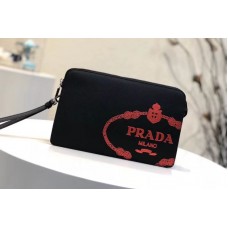 Prada Saffiano Leather Clutch With Red Logo Print Black Prada Saffiano Leather Clutch With Red Logo Print Black