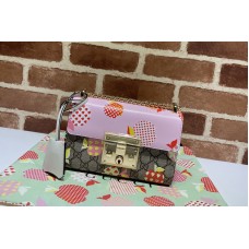 Gucci Padlock small shoulder bag in Beige and ebony GG Supreme canvas with GG apple print Pink Leather