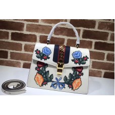 Gucci Sylvie Embroidered Leather Top Handle Bag White Gucci Sylvie Embroidered Leather Top Handle Bag White