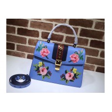 Gucci Sylvie Embroidered Leather Top Handle Bag Blue Gucci Sylvie Embroidered Leather Top Handle Bag Blue