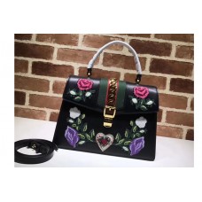 Gucci Sylvie Embroidered Leather Top Handle Bag Black Gucci Sylvie Embroidered Leather Top Handle Bag Black