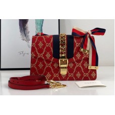 Gucci Red Sylvie GG rhombus flower small shoulder bag in Gold GG rhombus flower with Web