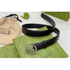 Women Gucci 30mm Thin belt with Interlocking G buckle in Black Leather With Silver Buckle Women Gucci 30mm Thin belt with Interlocking G buckle in Black Leather With Silver Buckle