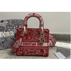 Christian Dior Mior Medium Lady d-lite bag in Red Toile de Jouy Embroidery Christian Dior Mior Medium Lady d-lite bag in Red Toile de Jouy Embroidery