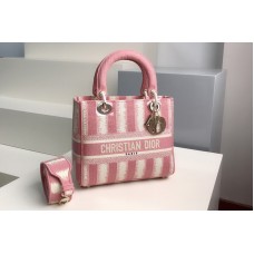 Christian Dior Mior Medium Lady d-lite bag in Pink D-Stripes Embroidery Christian Dior Mior Medium Lady d-lite bag in Pink D-Stripes Embroidery