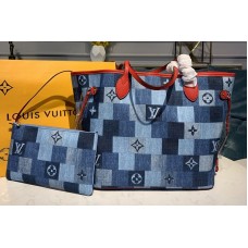 Louis Vuitton M44981 Neverfull mm tote bags in Blue/Red Monogram Denim canvas