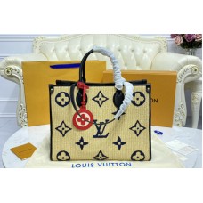 Louis Vuitton M57723 OnTheGo MM tote bag in Blue Monogram Raffia Louis Vuitton M57723 OnTheGo MM tote bag in Blue Monogram Raffia