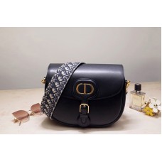 Christian Dior Marge Dior Bobby Bag in Black Box Calfskin with Blue Dior Oblique Embroidered Strap