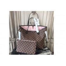 Louis Vuitton N41603 Neverfull MM Bag in Damier Ebene Canvas With Pink