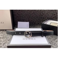 Women&# Gucci 370717 25mm Leather belt with Interlocking Silver G buckle in Black Leather